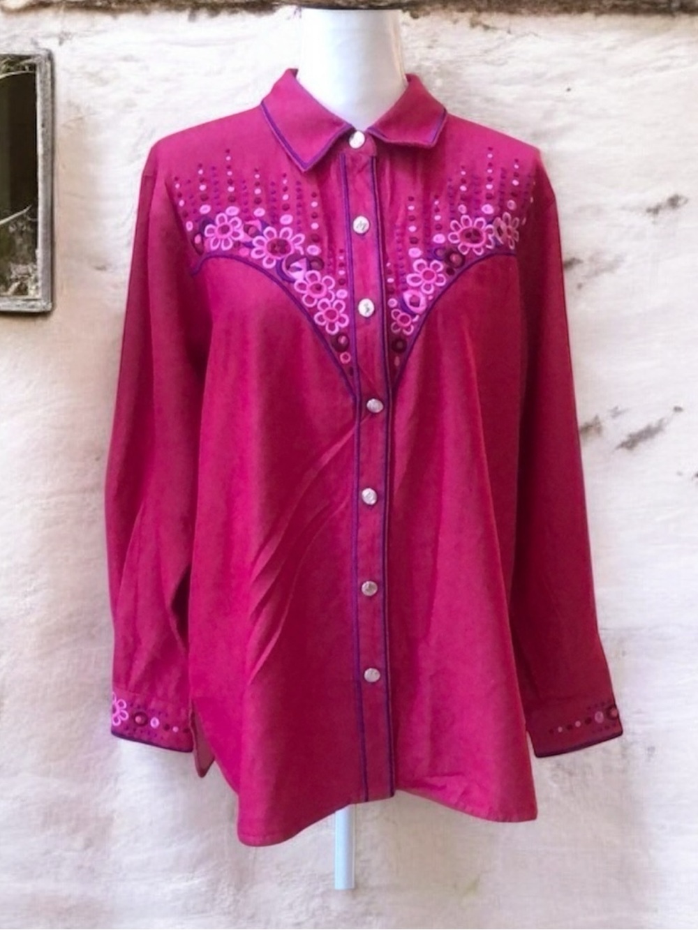 Bob Mackie Coastal Cowgirl Embroidered Western Button Up Long Sleeve Pink Shirt